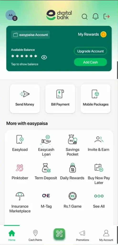Image of Easypaisa app is on a phone.