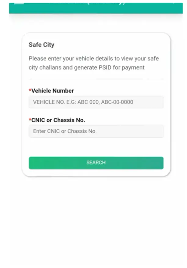 Screenshot of Enter Your Vehicle Details section in Epay Punjab app