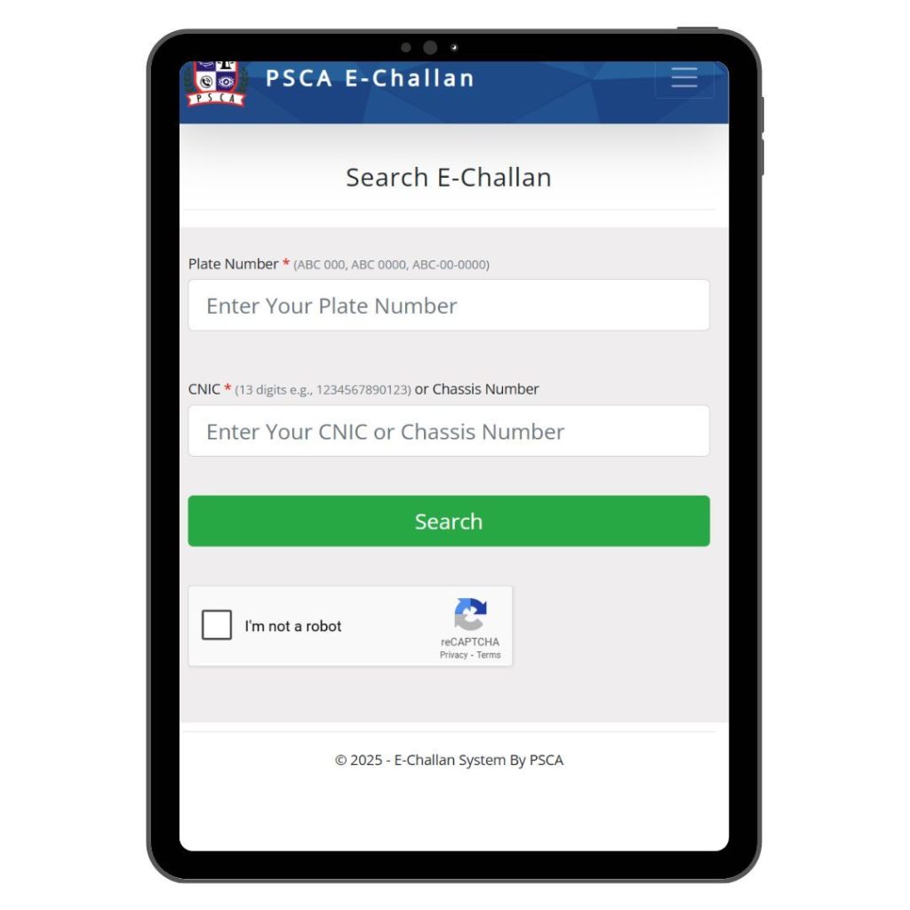 A image which is showing the portal of PSCA E-Challan, which is use to check the online e-challan.