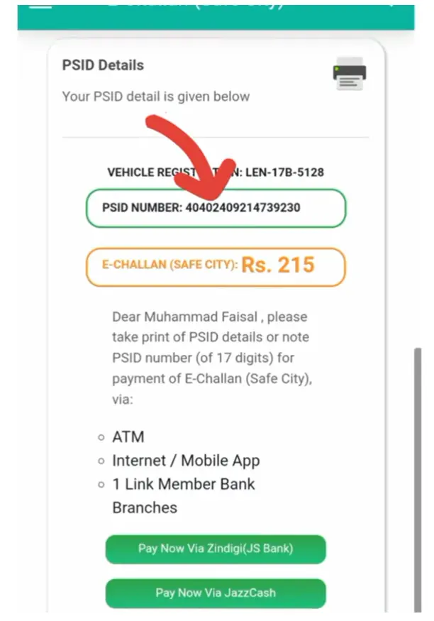Screenshot of generated PSID in Epay Punjab to pay traffic challans online.
