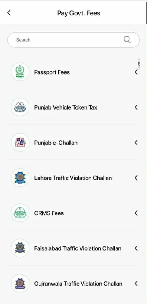 In the Image searching and selecting government fees to pay punjab e challan.