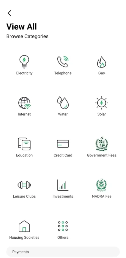 Screenshot of all the services showing in the see all tab of easypaisa.